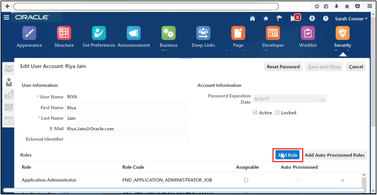 Add roles to the user account in Oracle Fusion