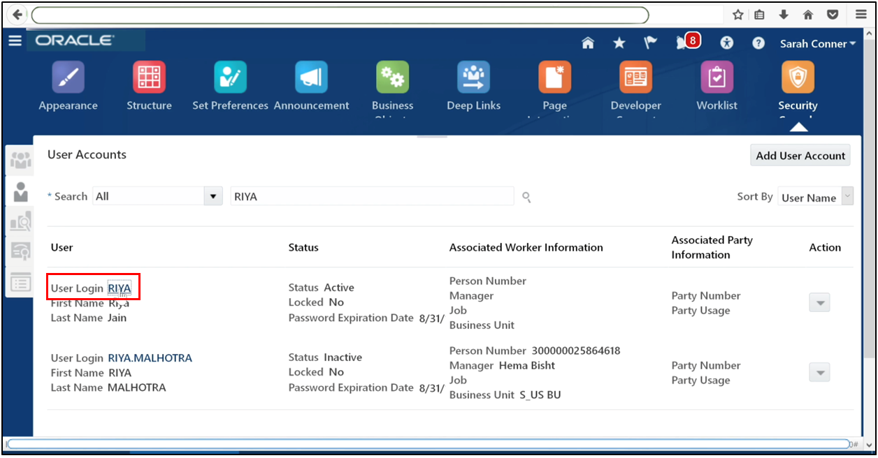 Search for the required user and open the user profile in Oracle Fusion