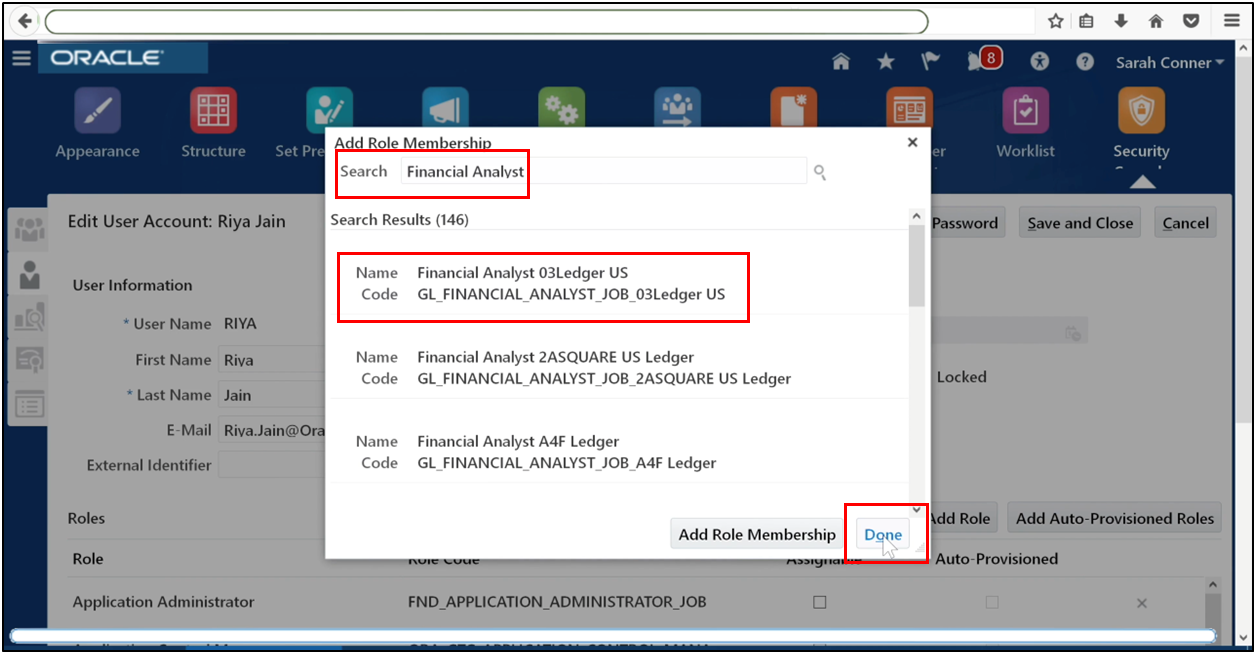 Assign Financial Analyst role to the user in Oracle Fusion