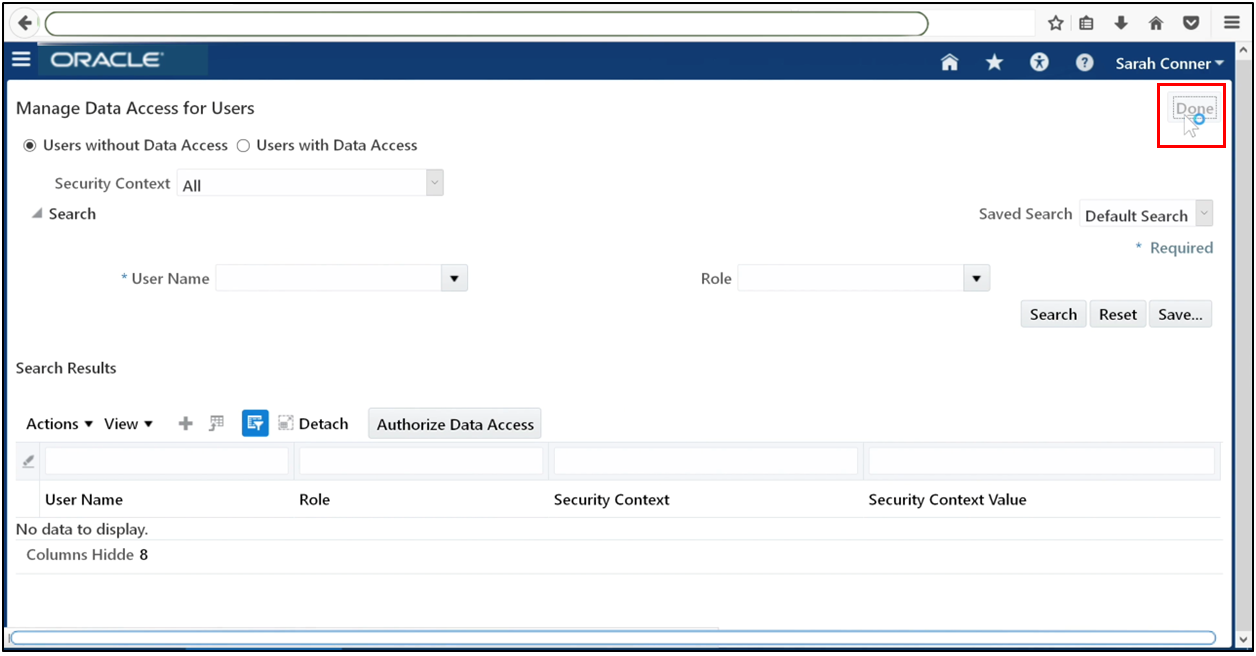 Click Done to complete data access assignment in Oracle Fusion