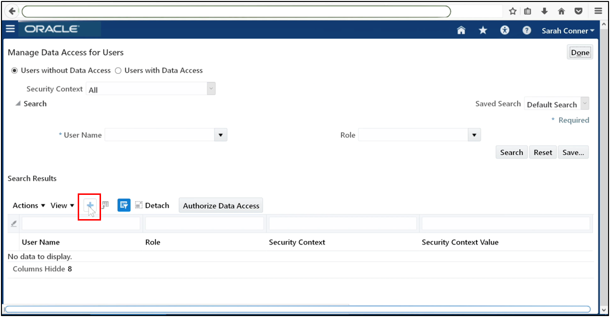 Click the Plus icon to add a new data access assignment in Oracle Fusion