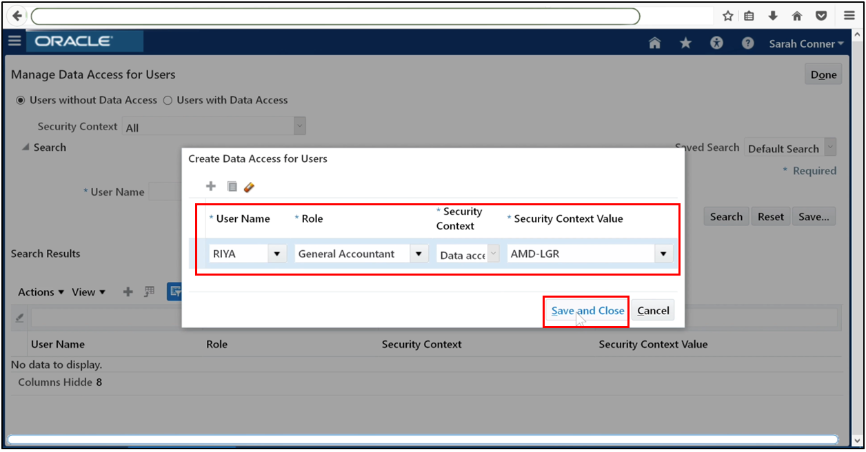 Enter the username while assigning data access in Oracle Fusion