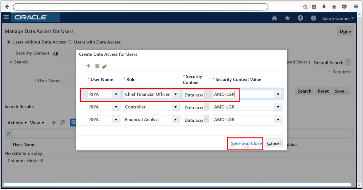 Repeat data access assignment for Controller, Financial Analyst, and CFO roles