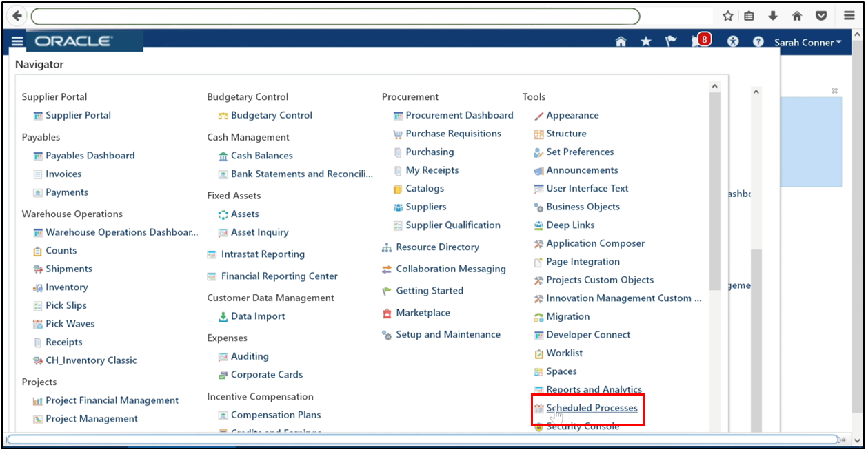 Navigate to Scheduled Processes in Oracle Fusion