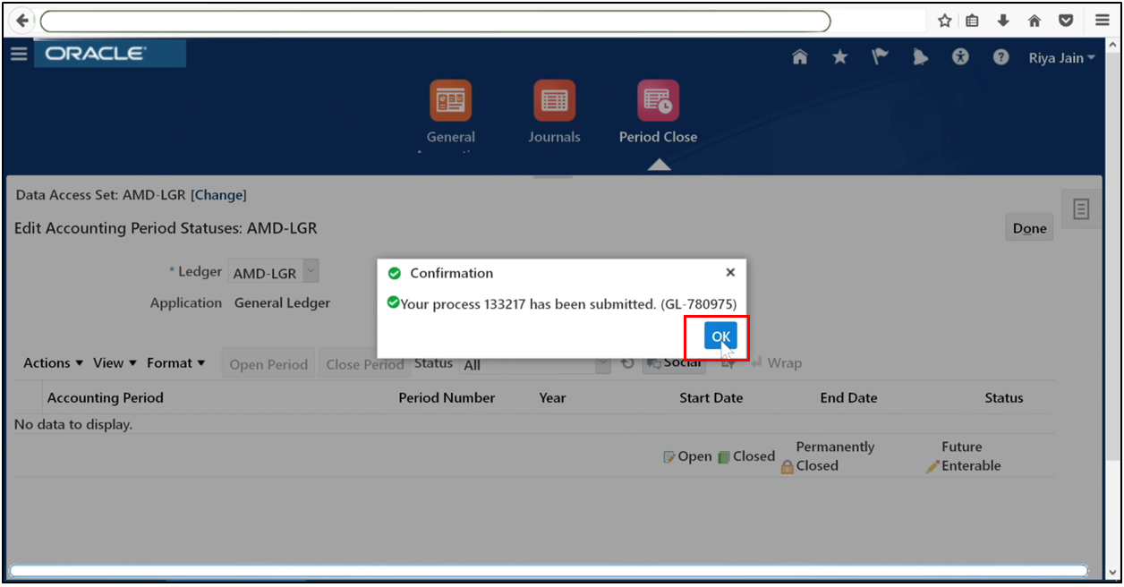 Click Yes to confirm opening the accounting period