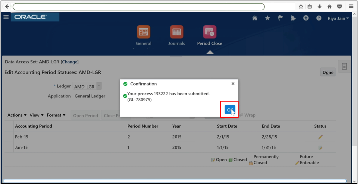 Click Yes to confirm opening the accounting period