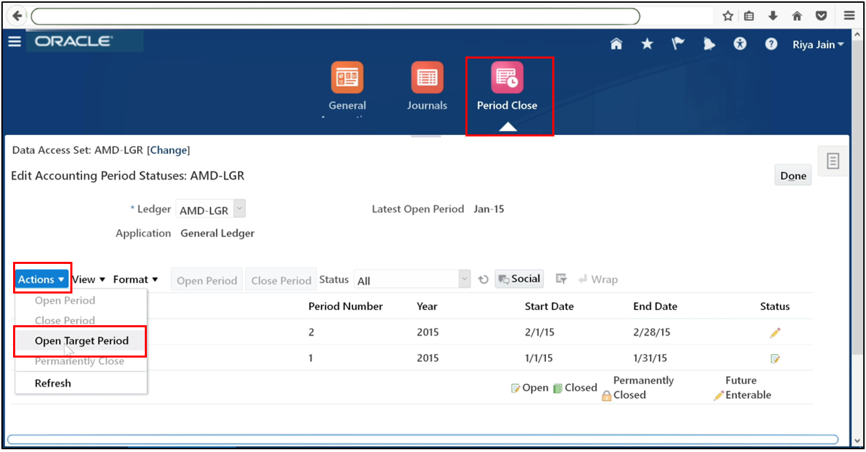 Use Actions menu to open the target accounting period