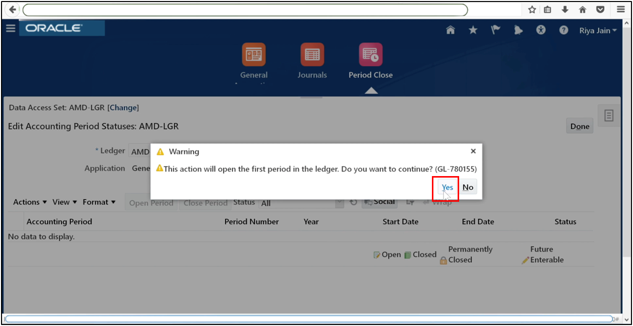 Click Yes to confirm opening the accounting period