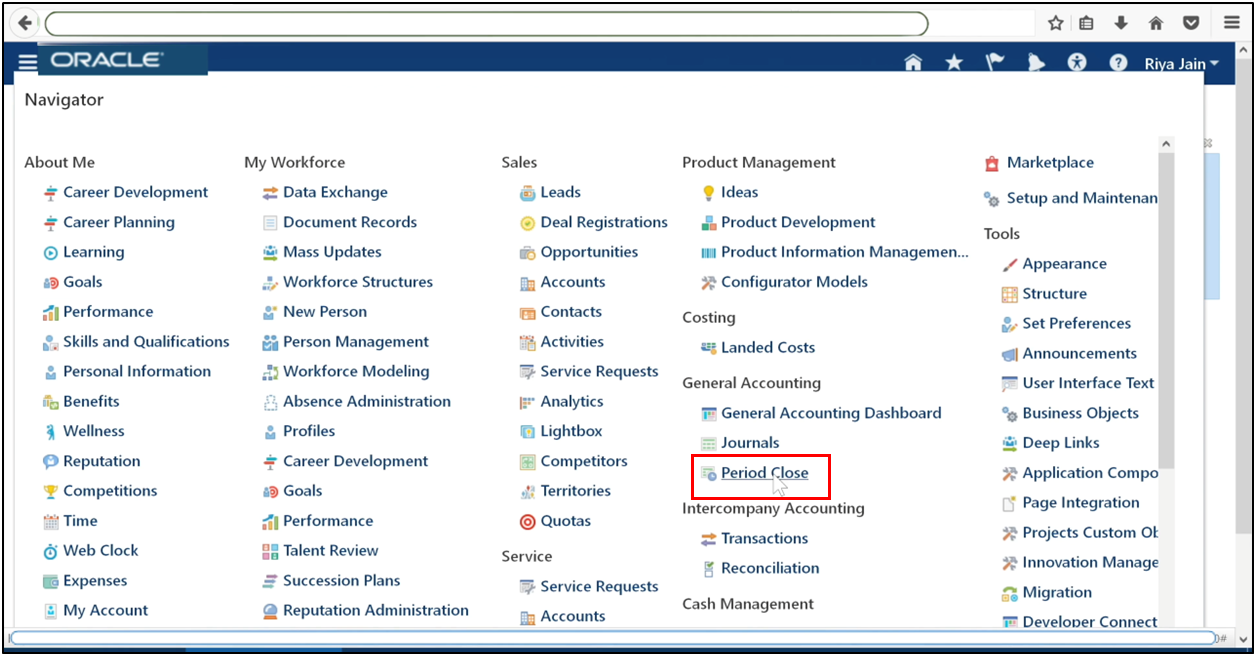 Navigate to General Accounting and Period Close in Oracle Fusion