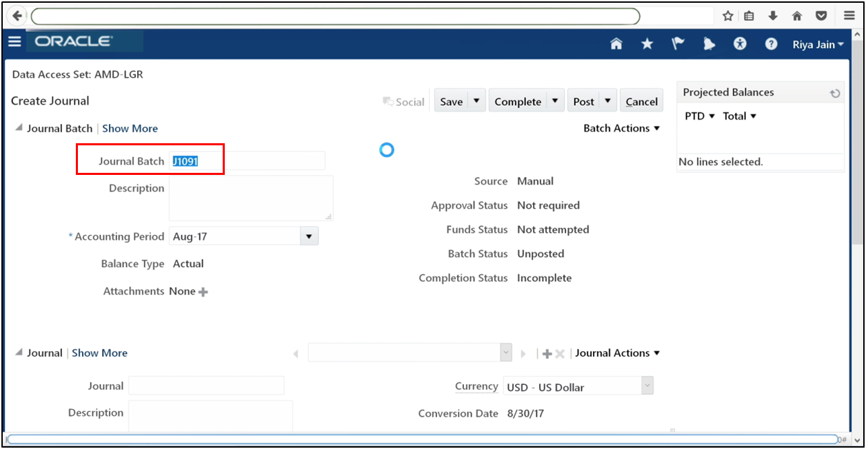 Enter journal header details in Oracle Fusion General Ledger