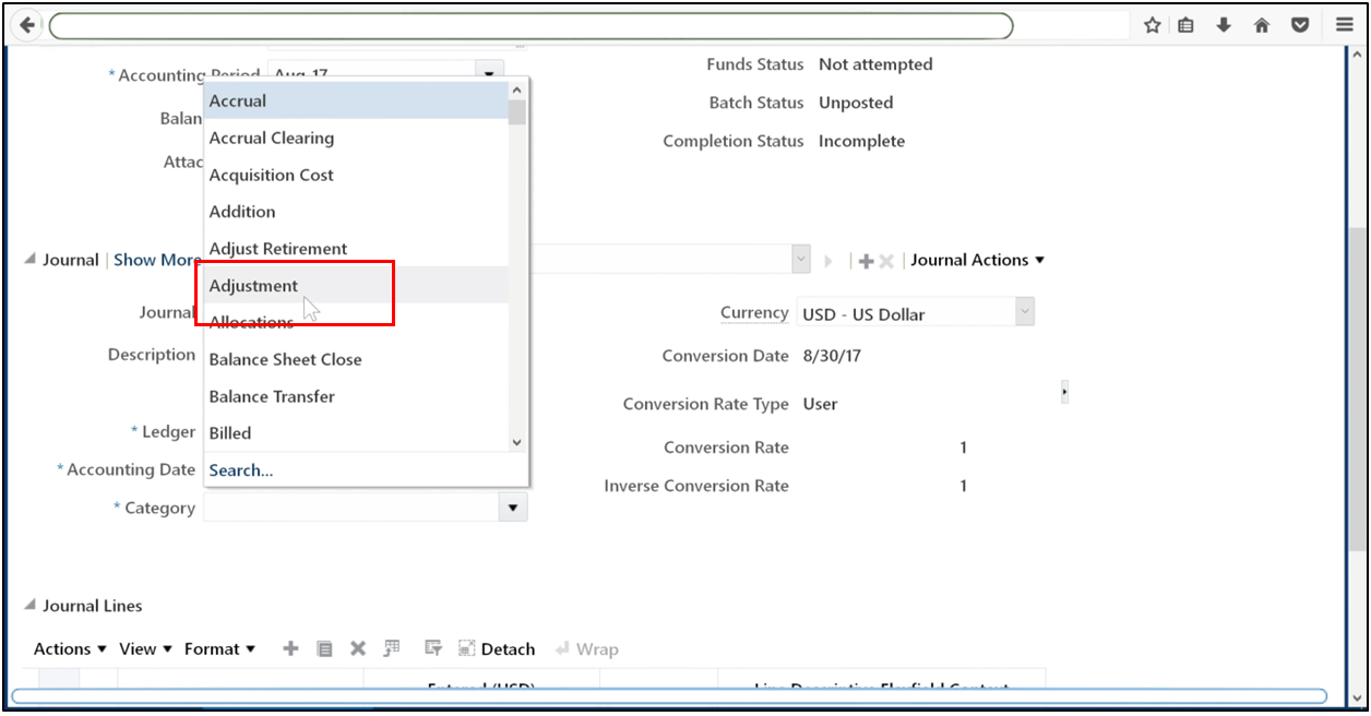 Enter journal lines in Oracle Fusion General Ledger