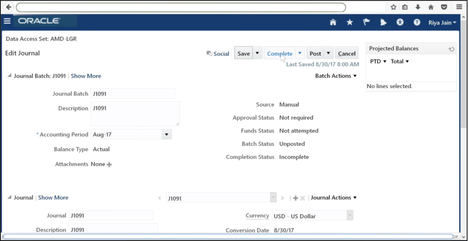 Complete the journal in Oracle Fusion General Ledger