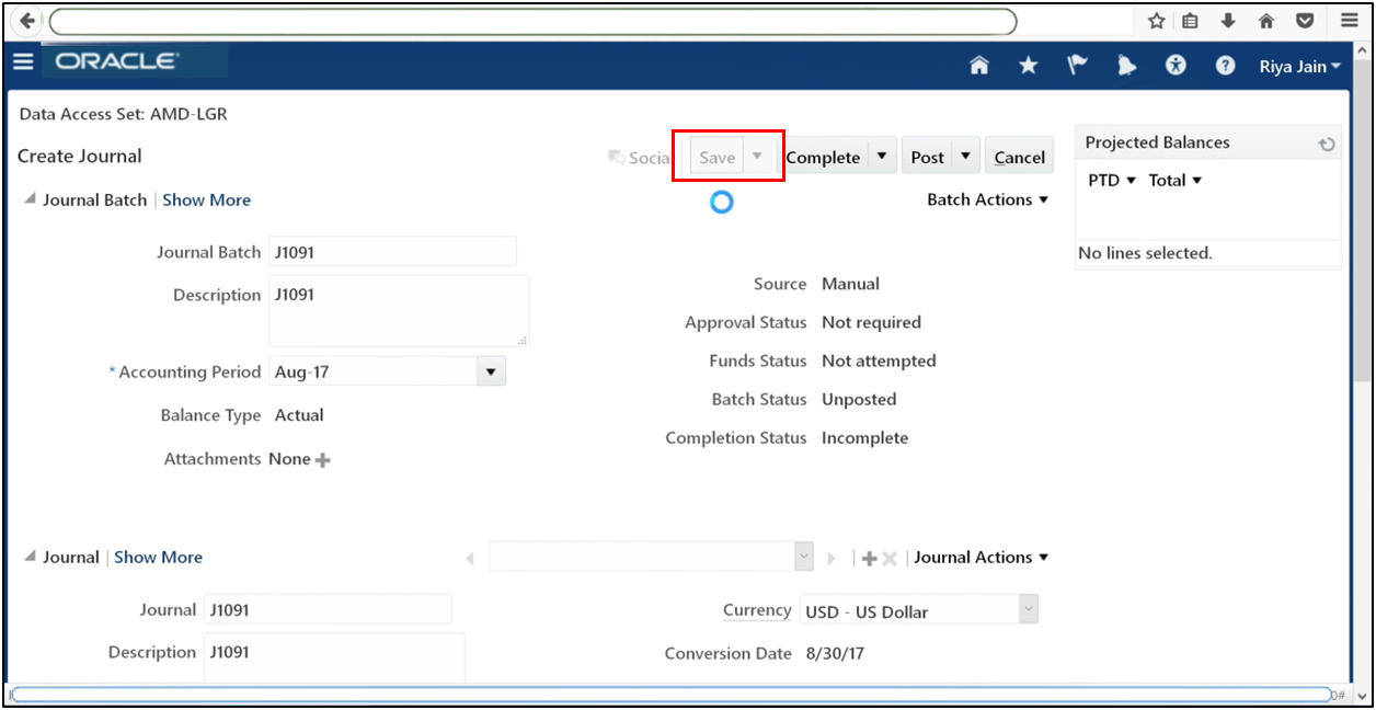 Enter journal lines in Oracle Fusion General Ledger