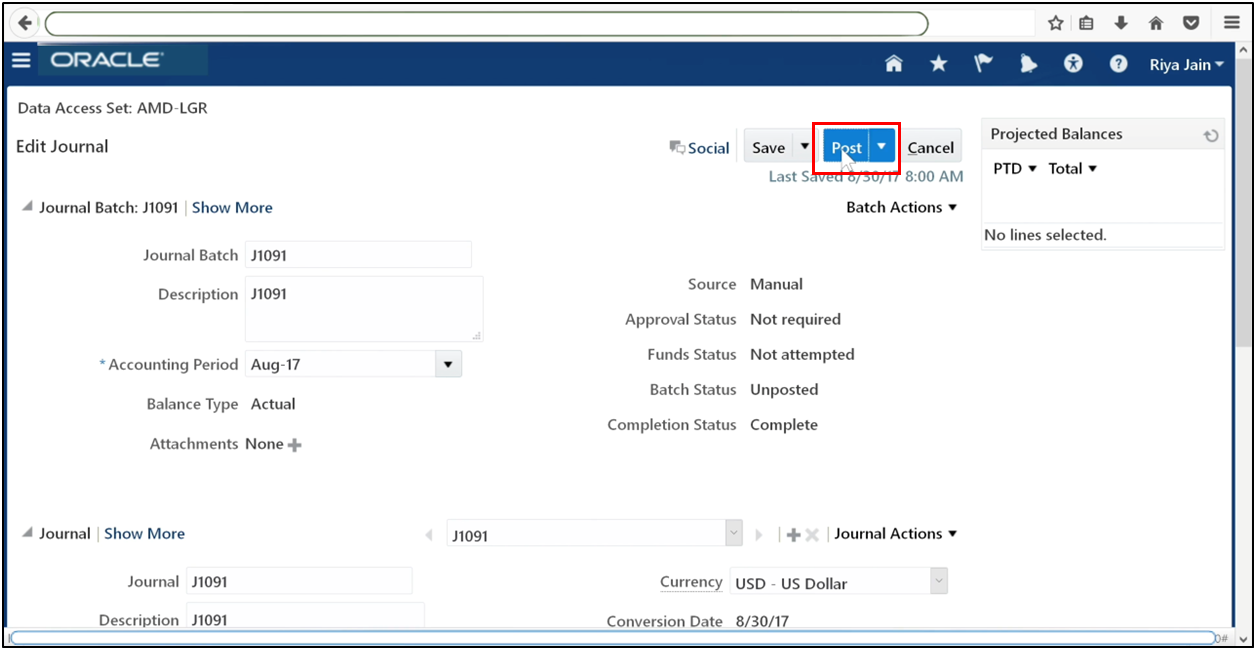 Post the journal in Oracle Fusion General Ledger