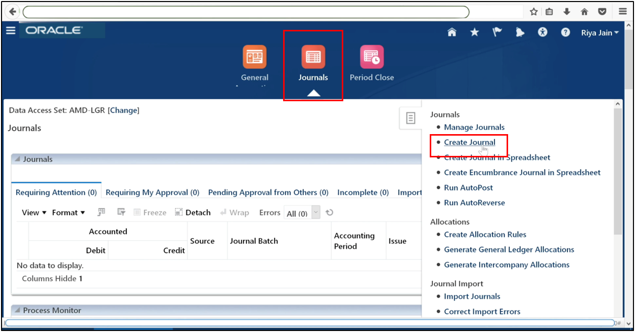 Navigate to the Journals work area in Oracle Fusion General Ledger