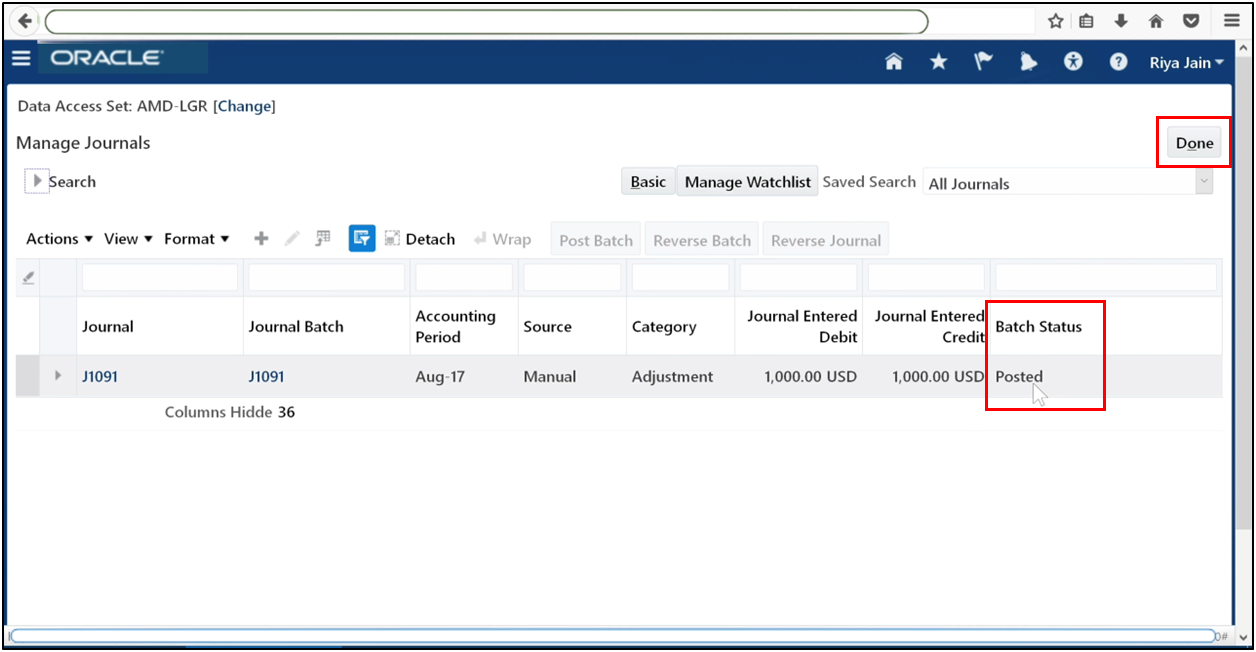 Verify the journal is posted and click Done in Oracle Fusion General Ledger