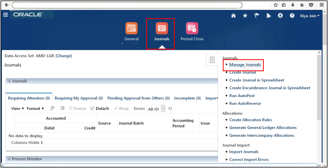 Navigate to Manage Journals in Oracle Fusion General Ledger