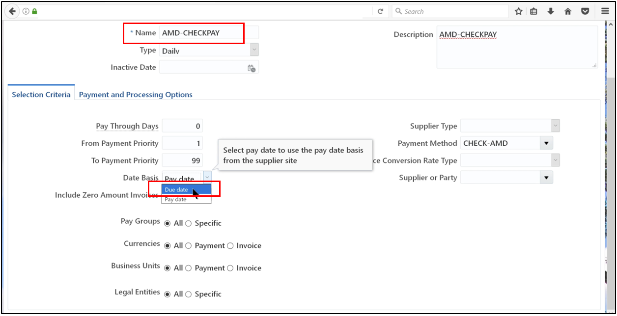 Enter a unique Payment Process Request name, select a predefined template, and set the Due Date in Oracle Fusion Accounts Payable.