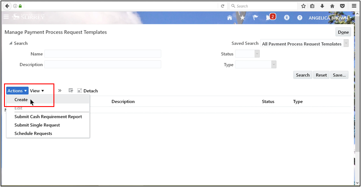 Click the Action button and select Create to start a new Payment Process Request in Oracle Fusion Accounts Payable.