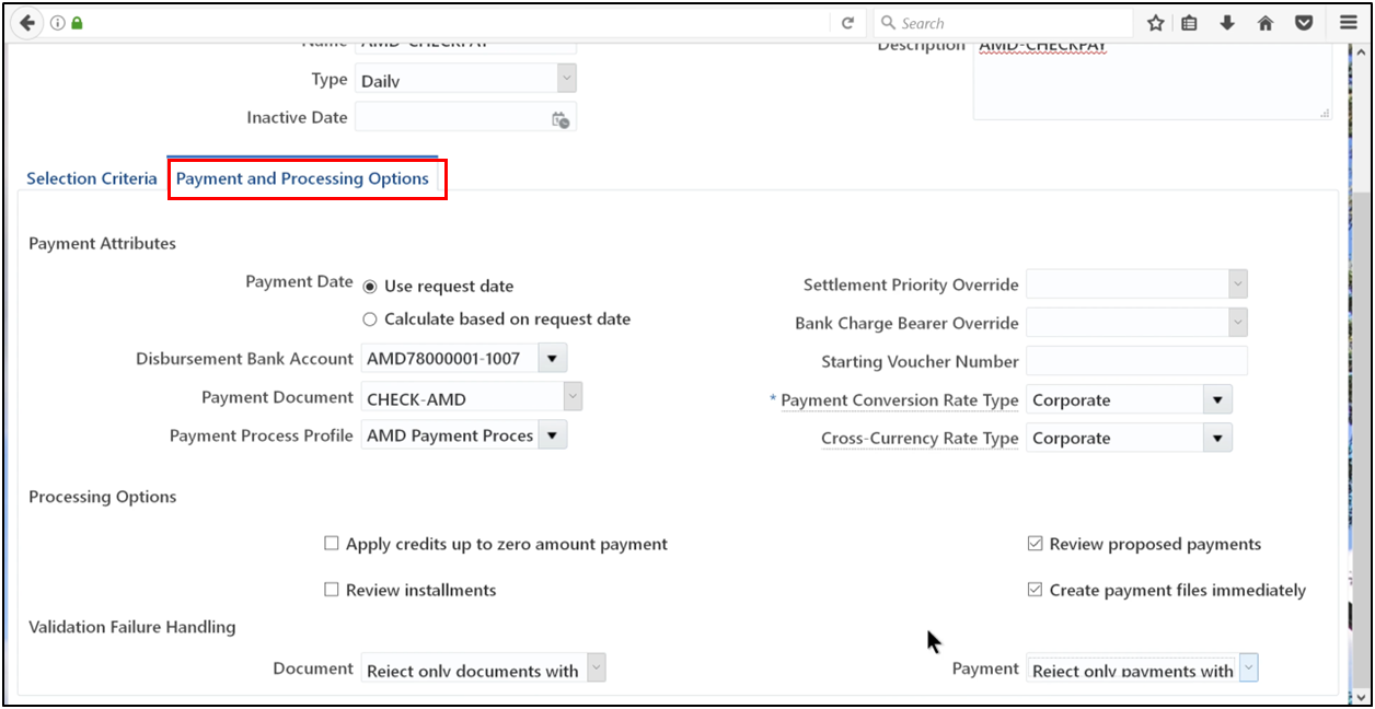 Configuring a Payment Process Request in Oracle Fusion Accounts Payable by entering a request name, selecting a template, and setting the due date for automatic payment processing.
