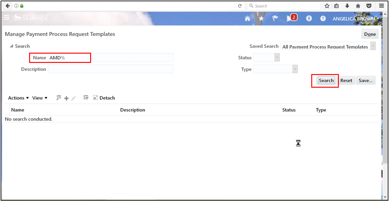 Searching for a Payment Process Request using the request name in Oracle Fusion Accounts Payable.