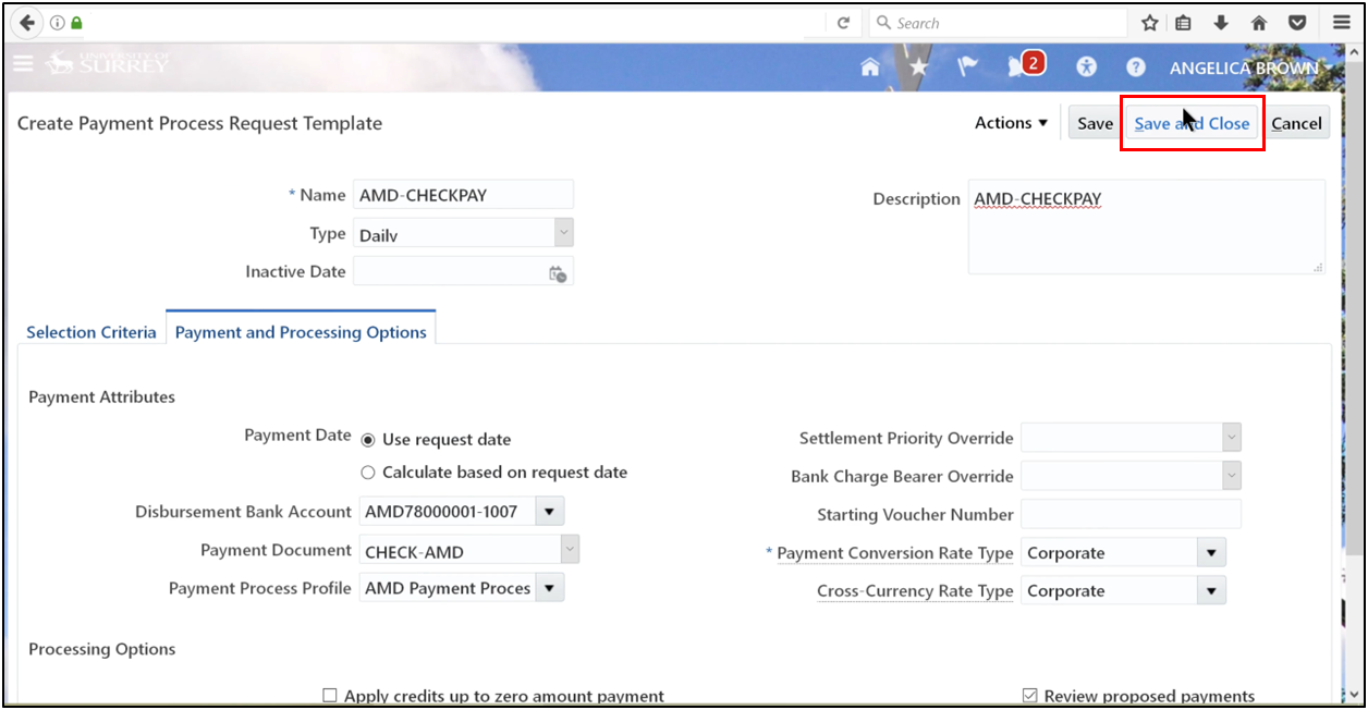 Saving and continuing the Payment Process Request setup in Oracle Fusion Accounts Payable during automatic payment processing configuration.