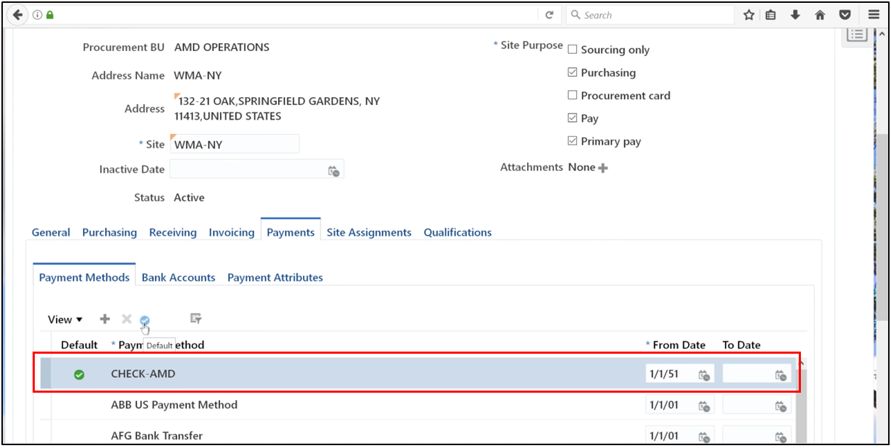 Verify CHECK-AMD is set as the default payment method in Oracle Fusion Accounts Payable.