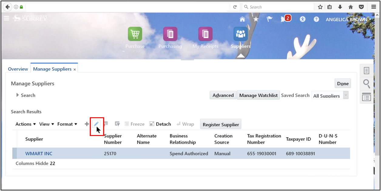 Click the edit icon to update supplier details in Oracle Fusion Accounts Payable.