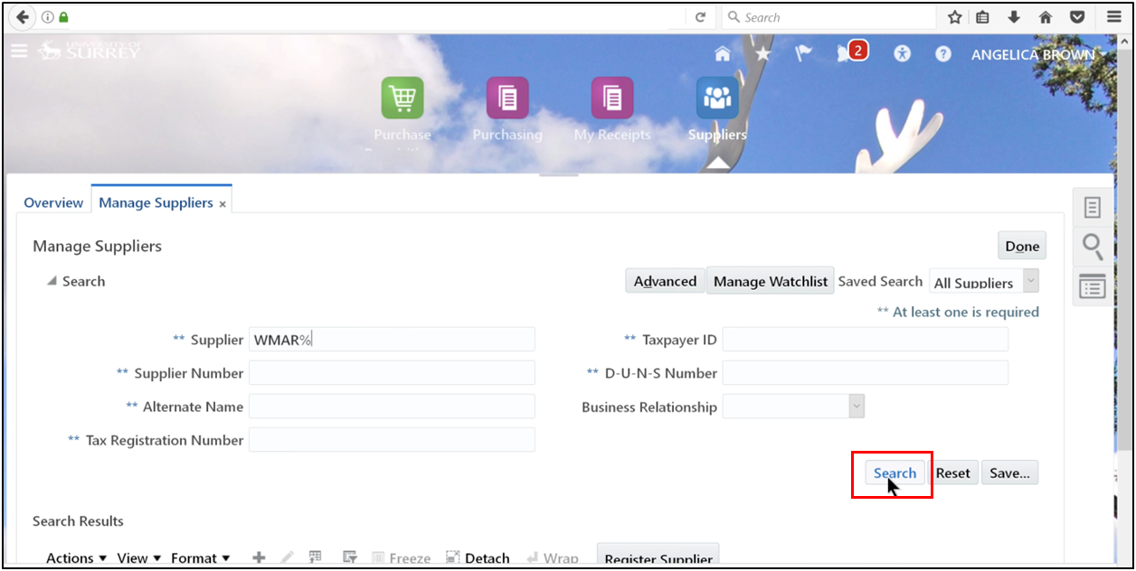 Enter the supplier name and click Search in Oracle Fusion Accounts Payable to locate supplier records for invoice and payment processing.