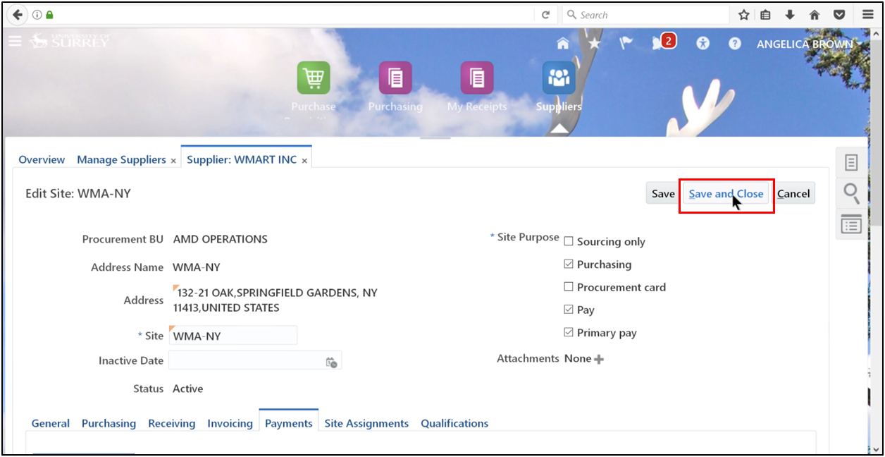 Click Save and Close to store supplier updates in Oracle Fusion Accounts Payable.