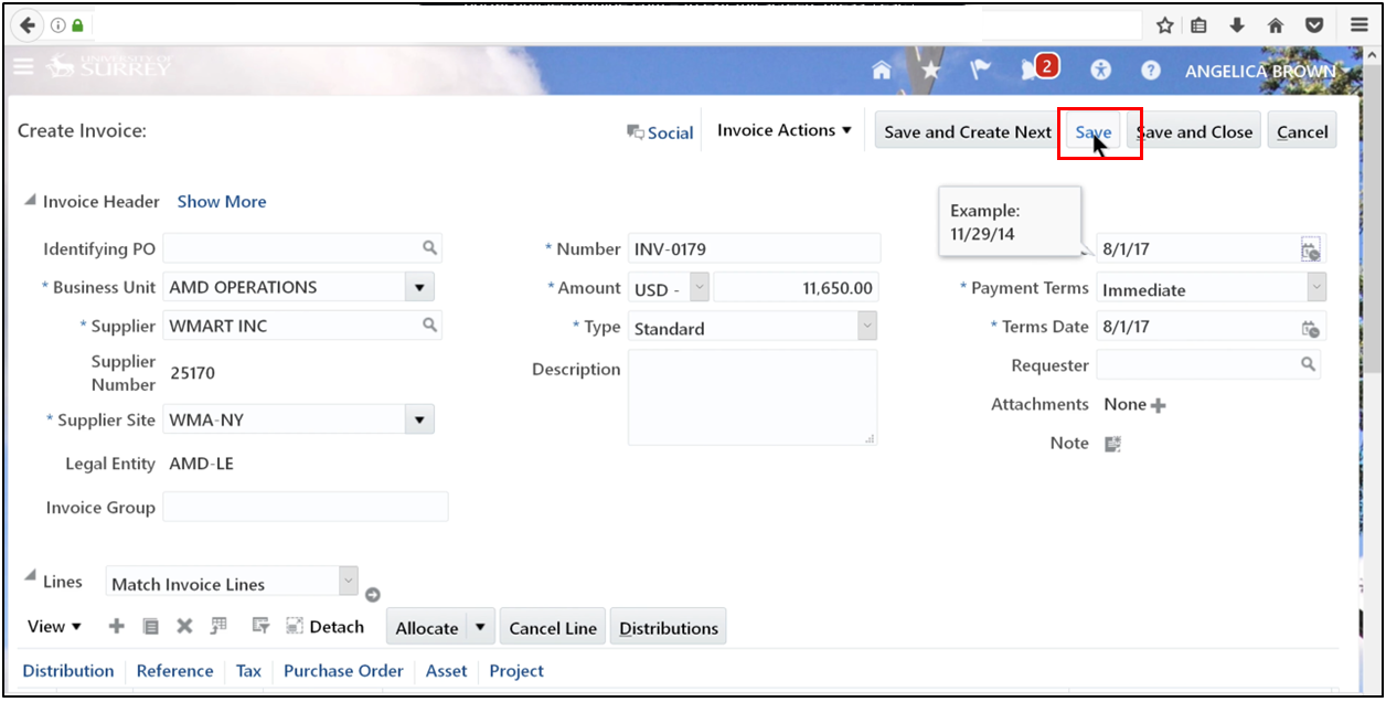 Enter all invoice details including business unit, supplier, supplier number, supplier site, legal entity, amount, type, payment terms, and date, then click Save and Save and Create Next in Oracle Fusion Accounts Payable.