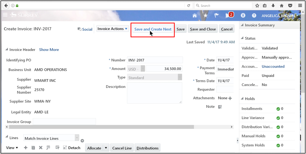 Click Save and Create Next, proceed to the next invoice entry in Oracle Fusion Accounts Payable, ensuring continuous invoice processing.