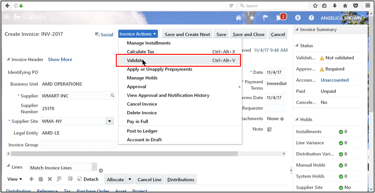 Click Invoice Actions and select Validate to validate the invoice in Oracle Fusion Accounts Payable.
