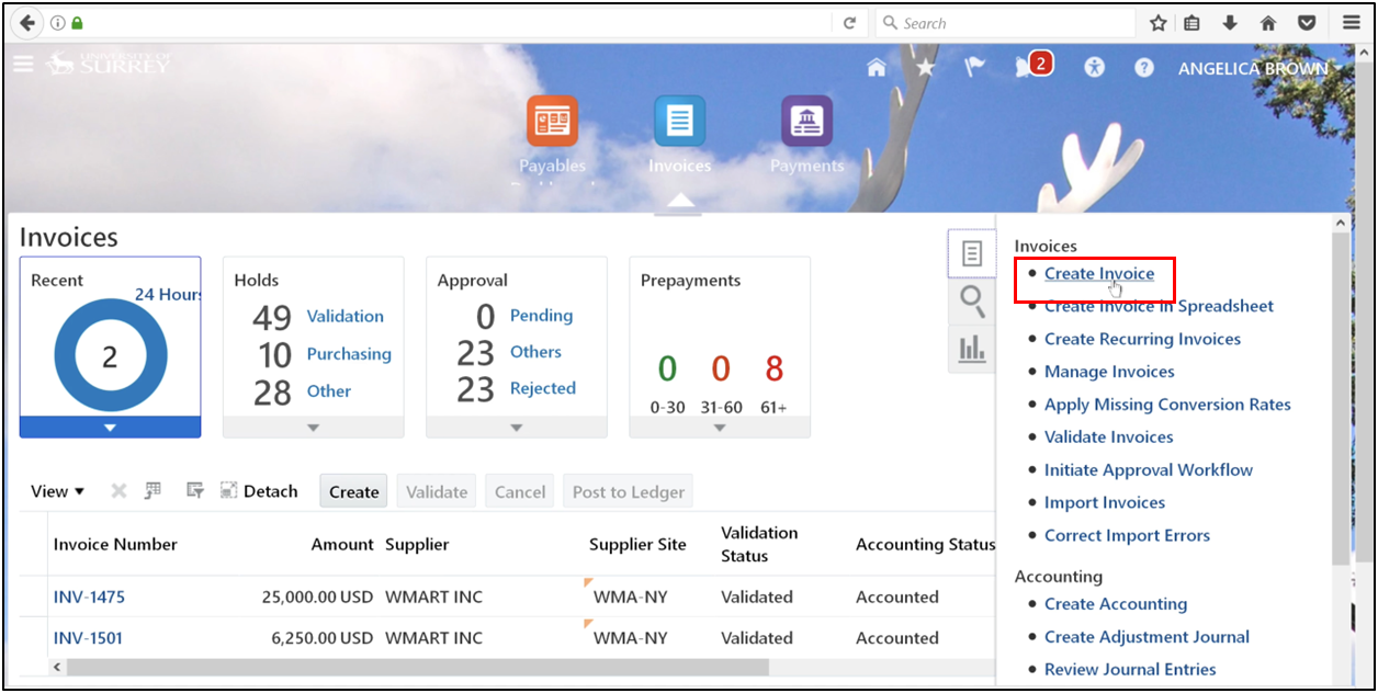 Open the task and click Create Invoice in Oracle Fusion Accounts Payable.