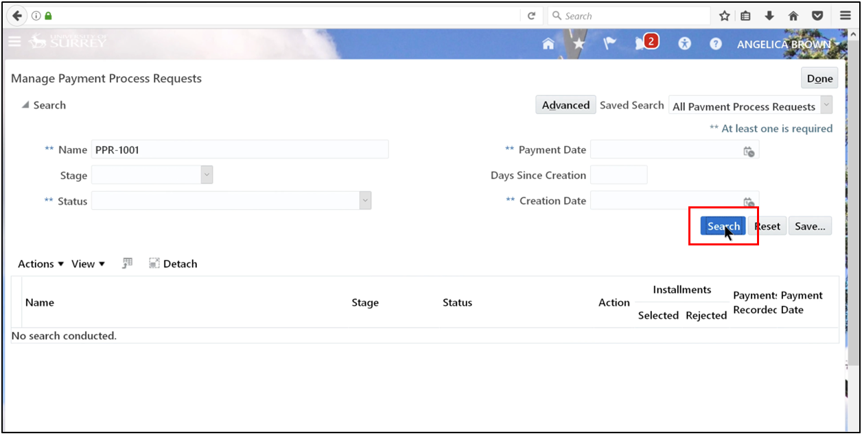 Searching for Payment Process Request PPR-1001 in Oracle Fusion Accounts Payable.