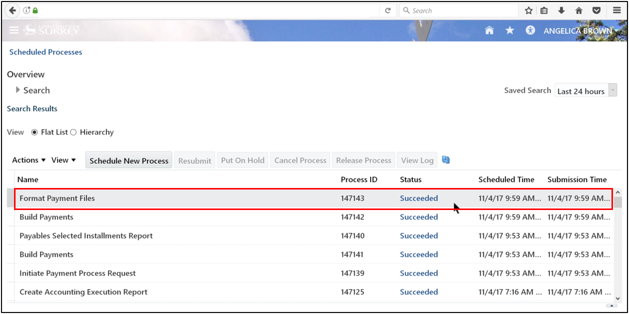 Refreshing the Payment Process Request page until the status shows "Succeeded" in Oracle Fusion Accounts Payable.