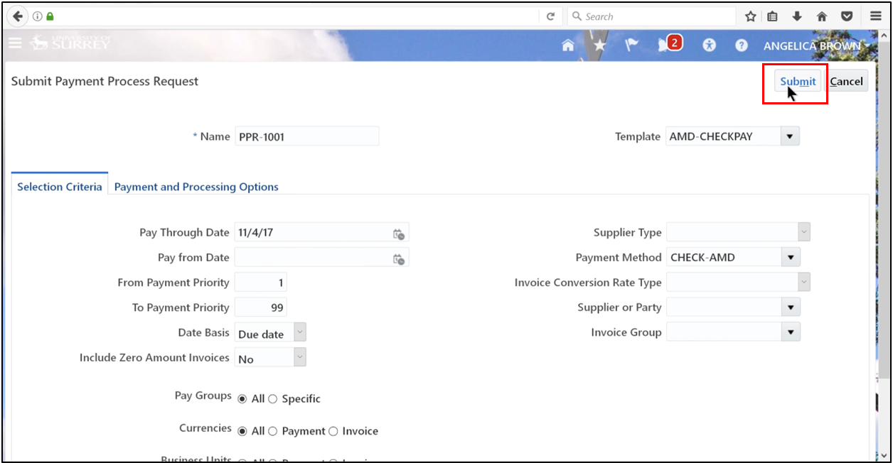 Click Submit to initiate the Payment Process Request in Oracle Fusion Accounts Payable.