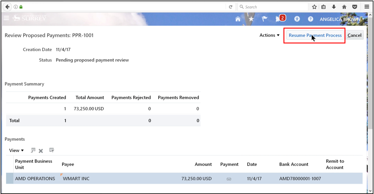 Clicking Resume Payment Process and confirming OK in Oracle Fusion Accounts Payable.
