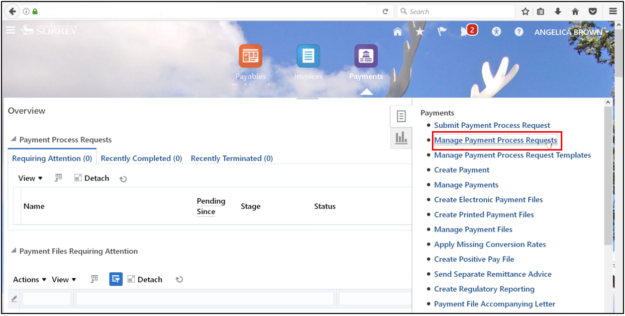Navigation to Manage Payment Process Requests task in Oracle Fusion Accounts Payable to monitor payment processing.