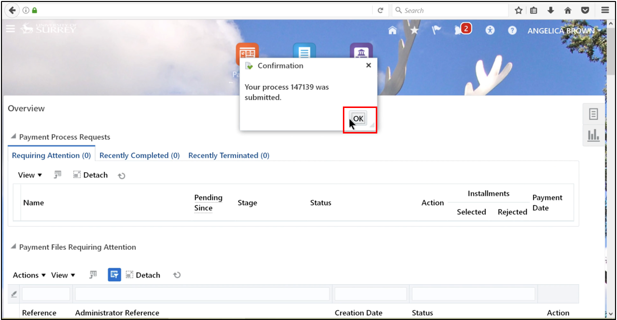 Confirm submission of the Payment Process Request by clicking OK in Oracle Fusion Accounts Payable.