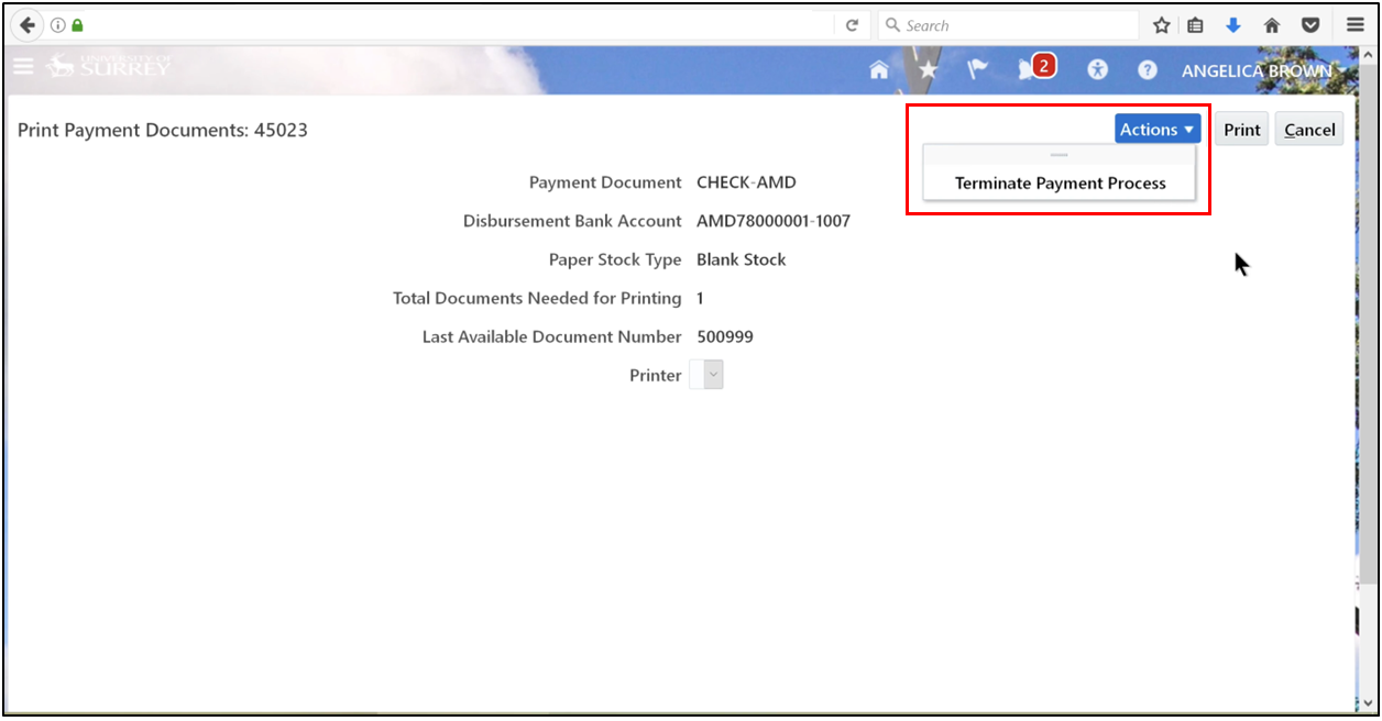 Terminating the payment process using the Action menu in Oracle Fusion Accounts Payable.