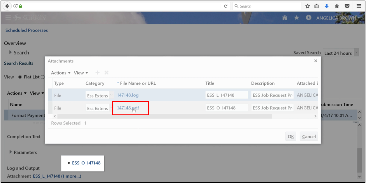 Opening the generated payment file in PDF format within Oracle Fusion.