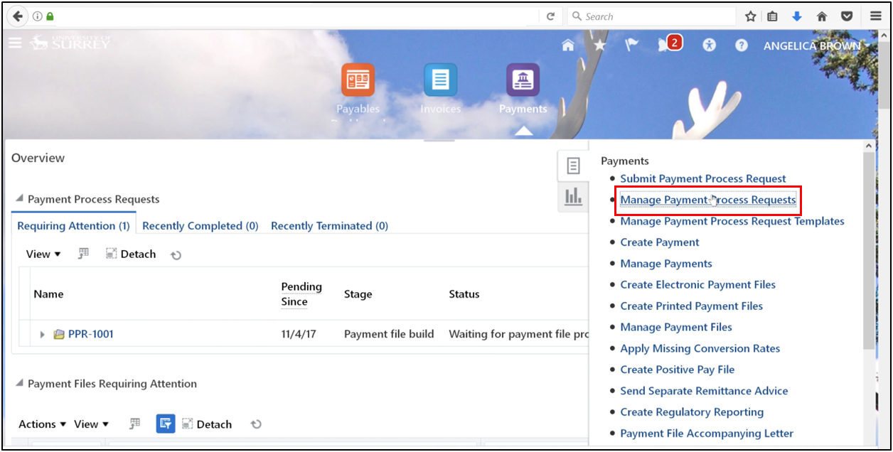 Navigating to the Manage Payment Process Request task in Oracle Fusion.