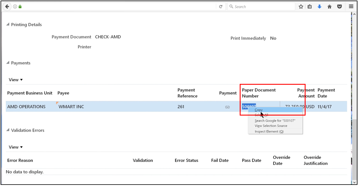 Copy the paper document number from payment details.