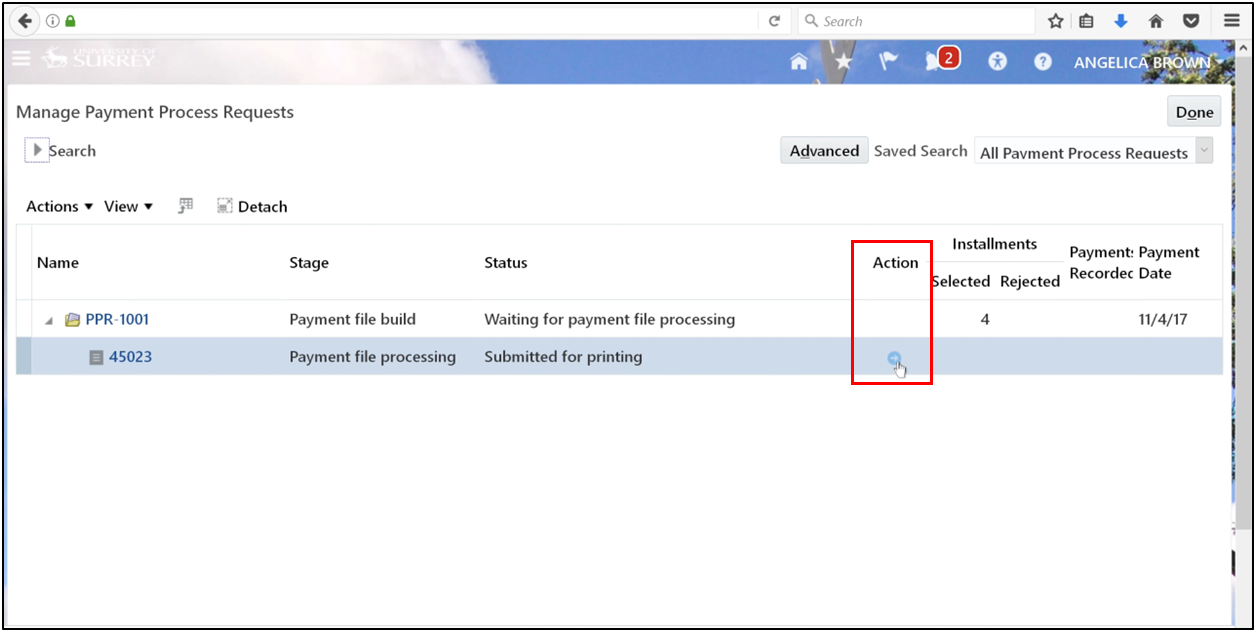 Select the action arrow.
