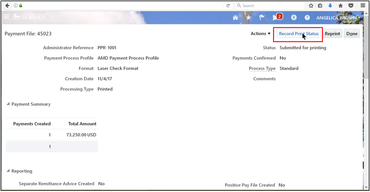 Clicking Record Print Status in the payment process request actions menu.