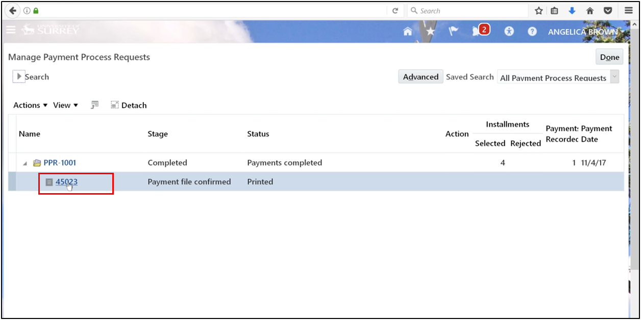 Open the payment file after confirming printed status in Oracle Fusion.