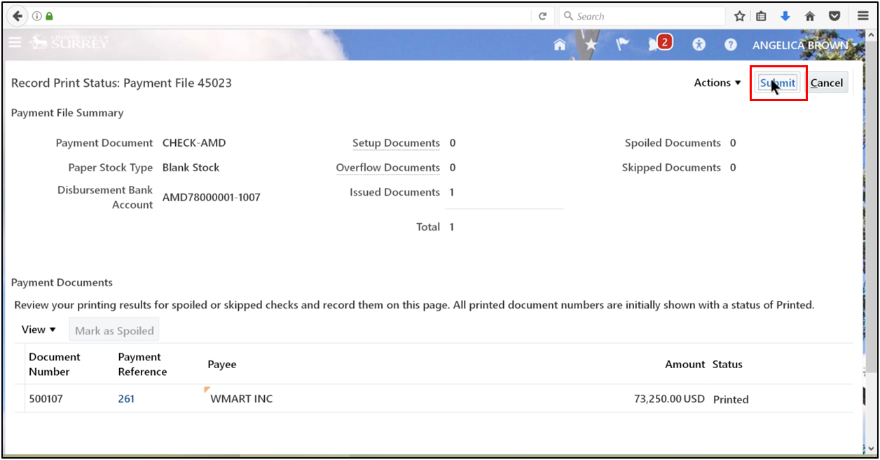 Reviewing print status details and clicking Submit in Oracle Fusion.
