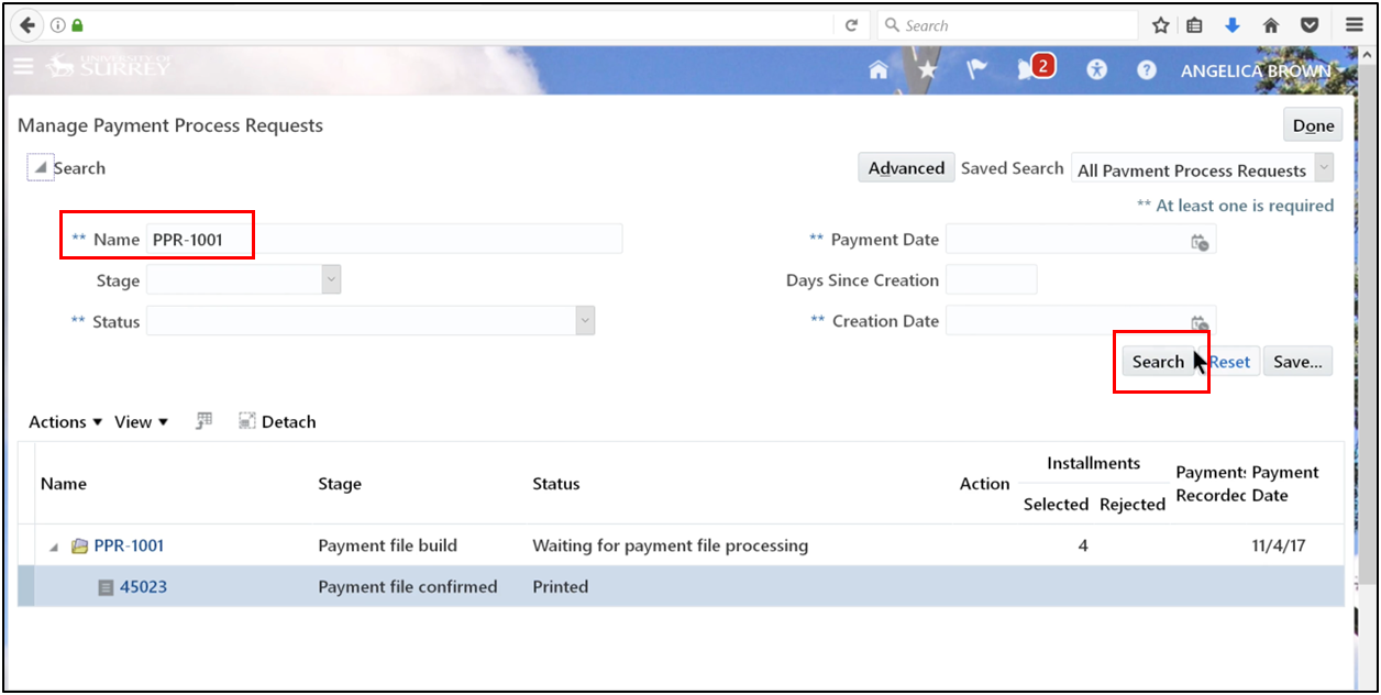 Searching for the Payment Process Request by using the request name in Oracle Fusion Accounts Payable.