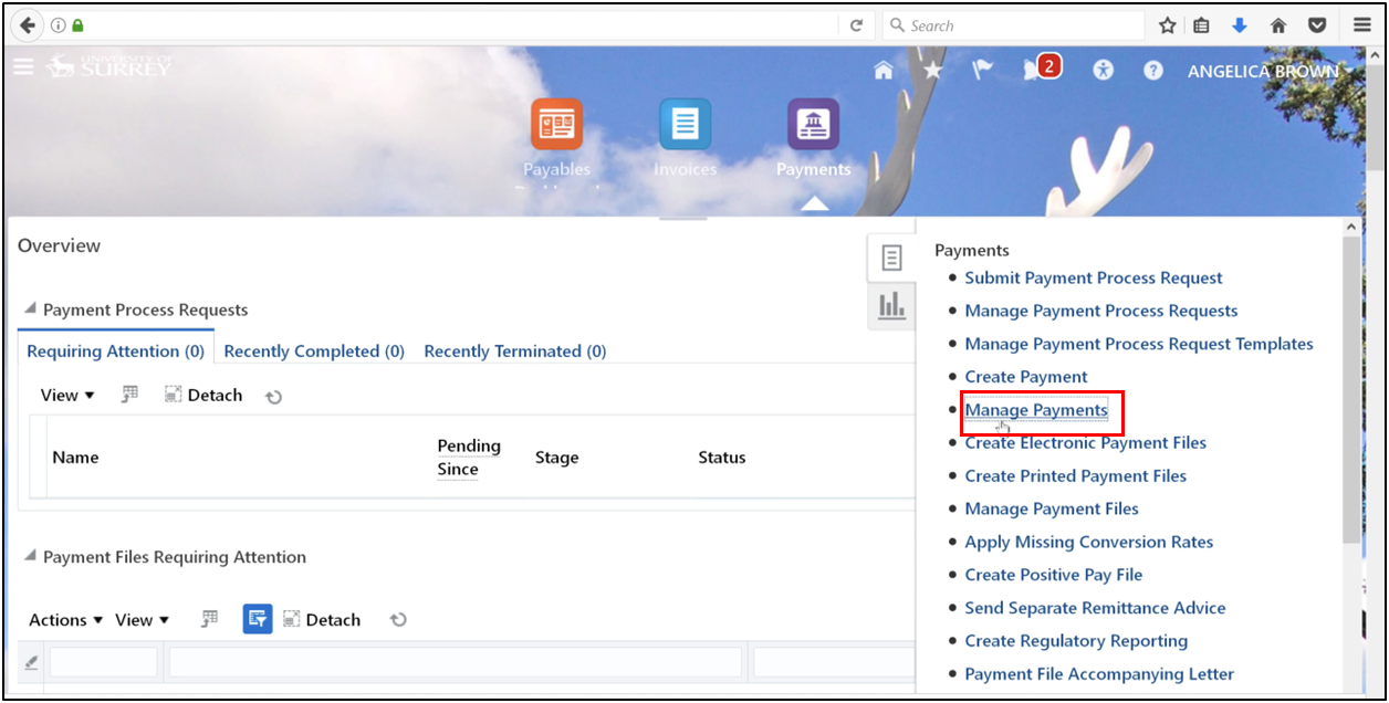 Navigating to the Manage Payments task in Oracle Fusion.